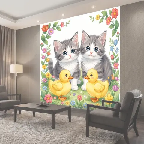 Фотообои Два котёнка и утята в цветах
