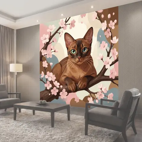 Фотообои Коричневая кошка на ветке сакуры