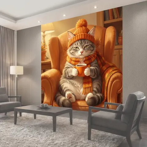 Фотообои Кот в шапке с кружкой
