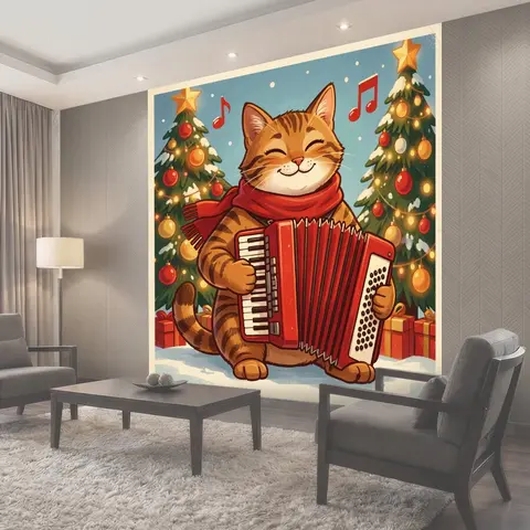 Фотообои Кот с аккордеоном у ёлок