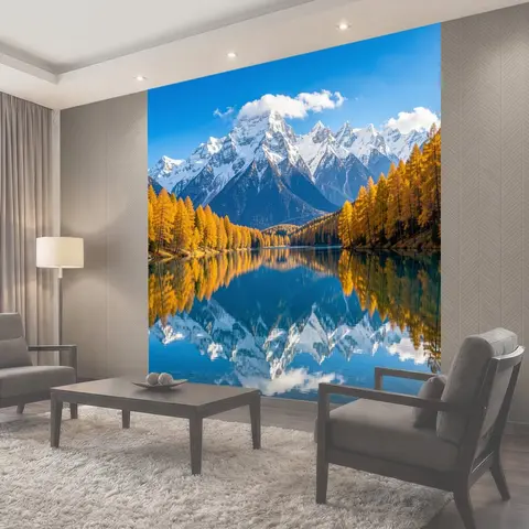 Фотообои Заснеженные вершины над лесным озером