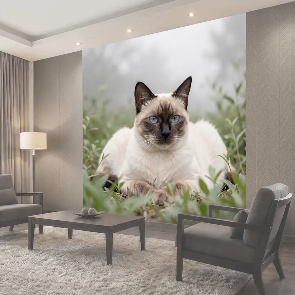 Фотообои Сиамский кот среди зелени