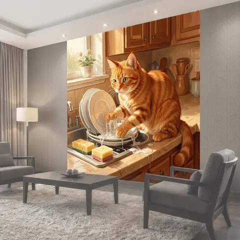 Фотообои Рыжий кот на кухонной столешнице