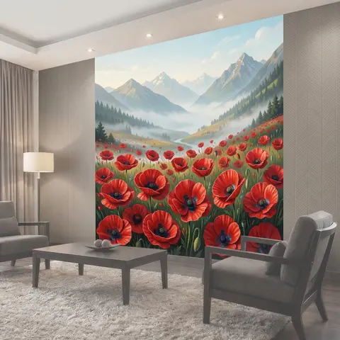 Фотообои Красные маки в туманных горах