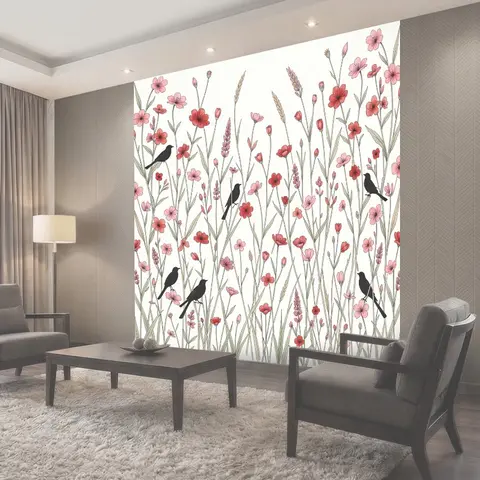 Фотообои Полевые цветы и черные птицы