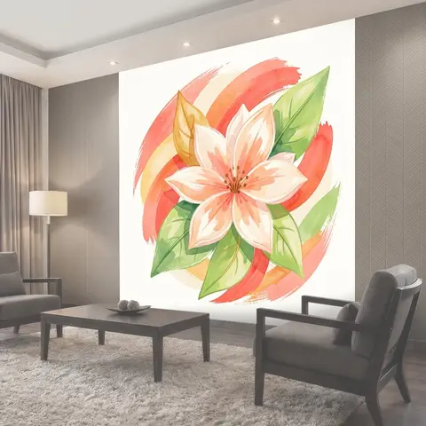 Фотообои Цветок с листьями в акварельных мазках