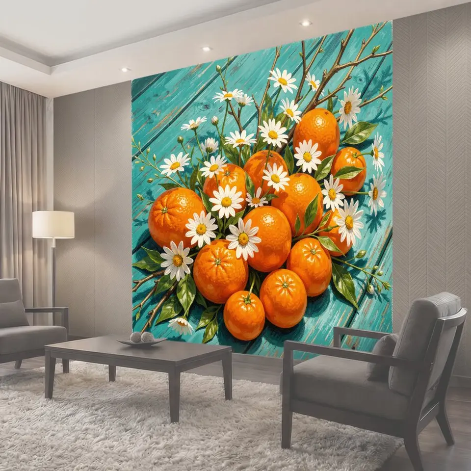 Фотообои Апельсины с ромашками на бирюзовом фоне