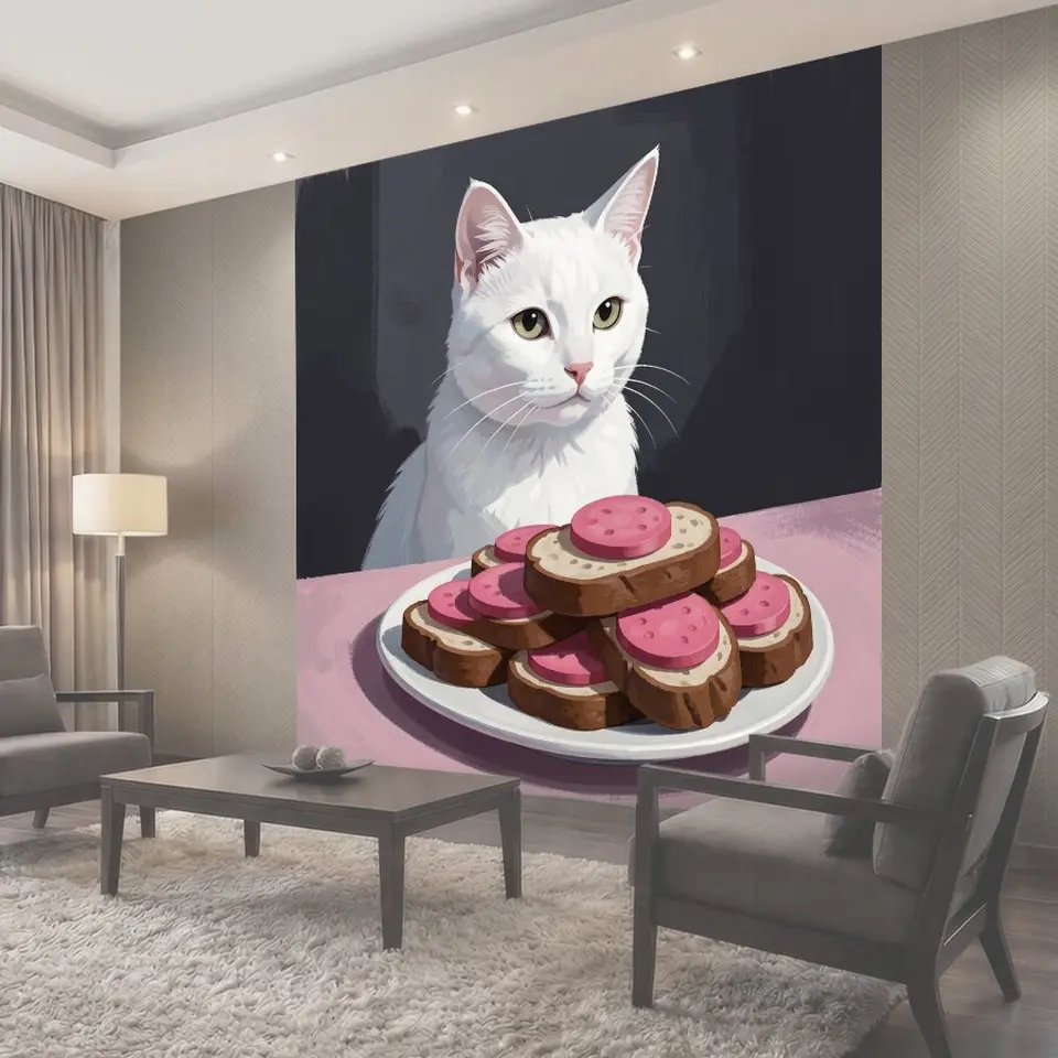 Фотообои Белый кот с угощением