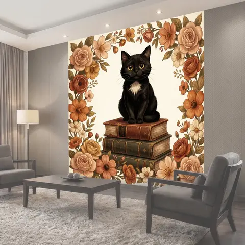 Фотообои Черный кот среди цветов и книг