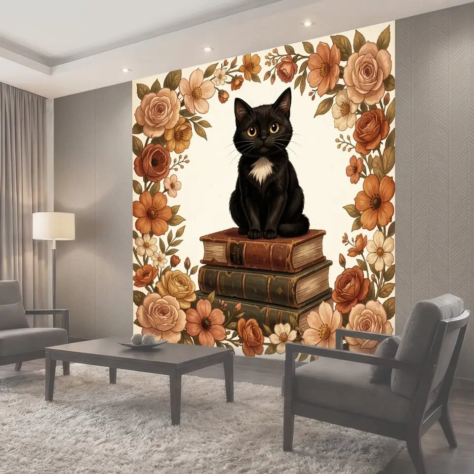 Фотообои Черный кот среди цветов и книг