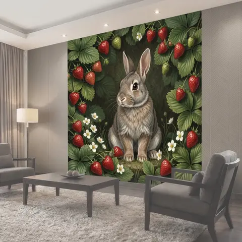 Фотообои Кролик среди клубники и цветов