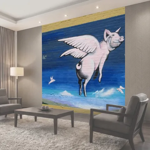 Фотообои When Pigs Fly-стрит Картина Городские здания стены окрашены юмористически с изображением летающих свинья с…