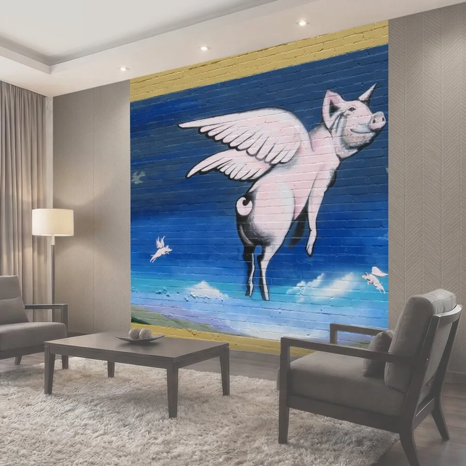 Фотообои When Pigs Fly-стрит Картина Городские здания стены окрашены юмористически с изображением летающих свинья с…