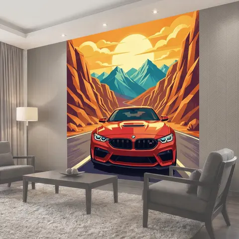 Фотообои Красный спортивный автомобиль в горах