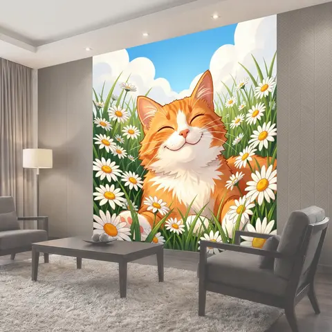 Фотообои Улыбающийся рыжий кот в ромашках