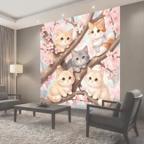 Фотообои Пять котят на сакуре