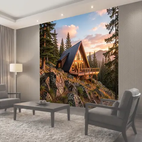 Фотообои Домик в лесных горах на закате