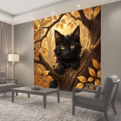 Фотообои Черный котенок на дереве