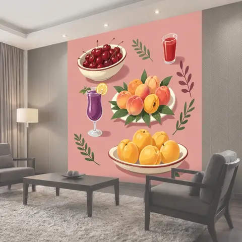 Фотообои Фрукты и напитки на розовом фоне