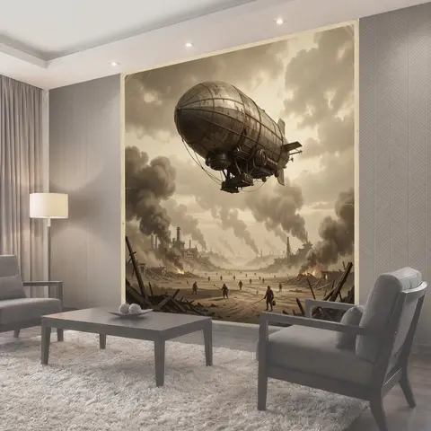 Фотообои Стимпанк дирижабль над руинами