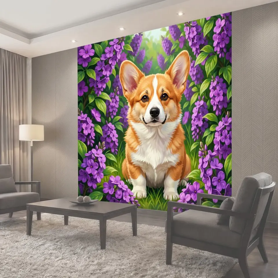 Фотообои Рыжий корги в сиреневом цветнике