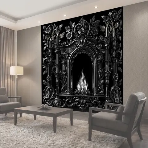 Фотообои Тёмный готический камин с пламенем