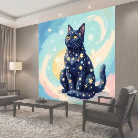 Фотообои Черный кот среди звездных цветов