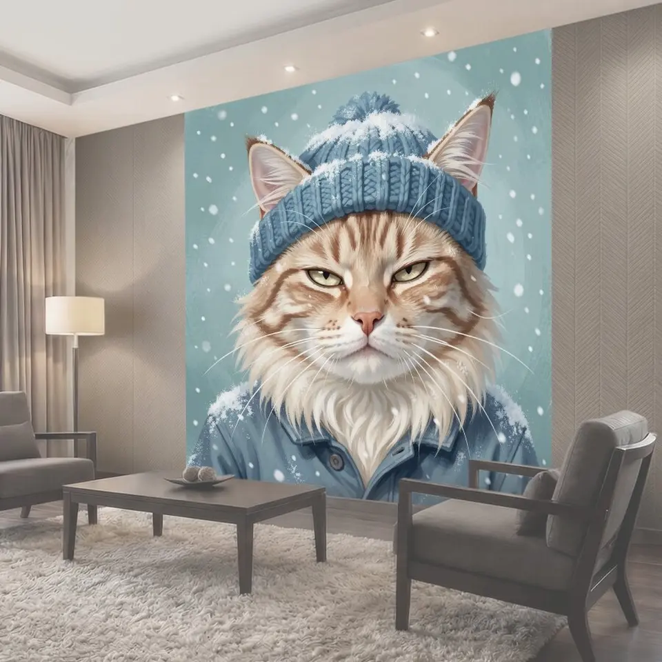 Фотообои Зимний кот в вязаной шапке