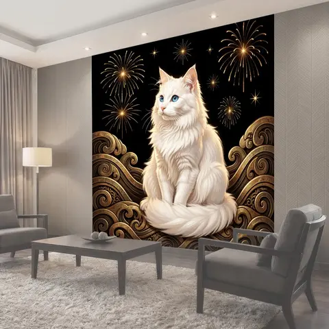 Фотообои Белая кошка с фейерверками