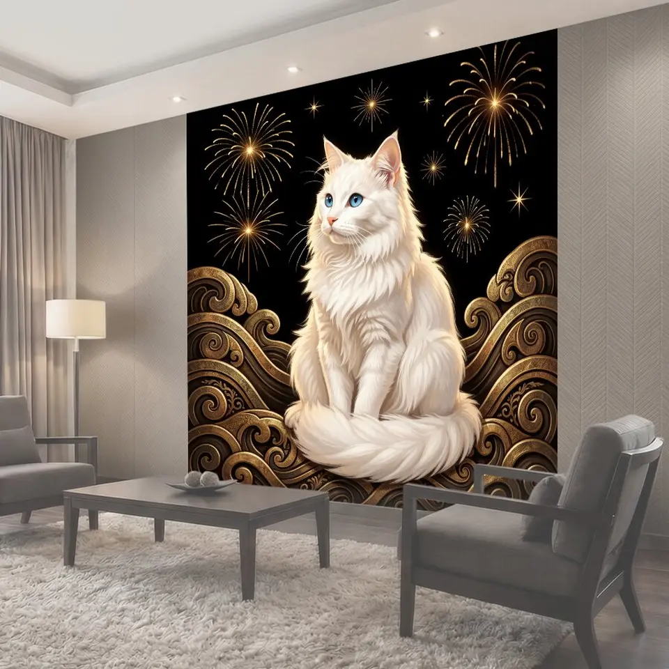 Фотообои Белая кошка с фейерверками