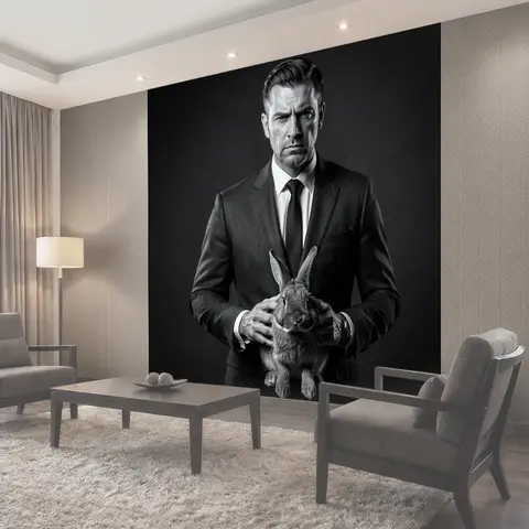 Фотообои Строгий джентльмен с маленьким зайцем