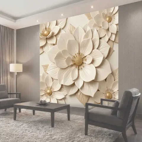 Фотообои 3D белые цветы с золотыми тычинками