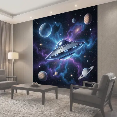Фотообои Космический корабль среди планет