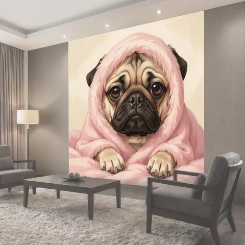Фотообои Мопс в розовом капюшоне
