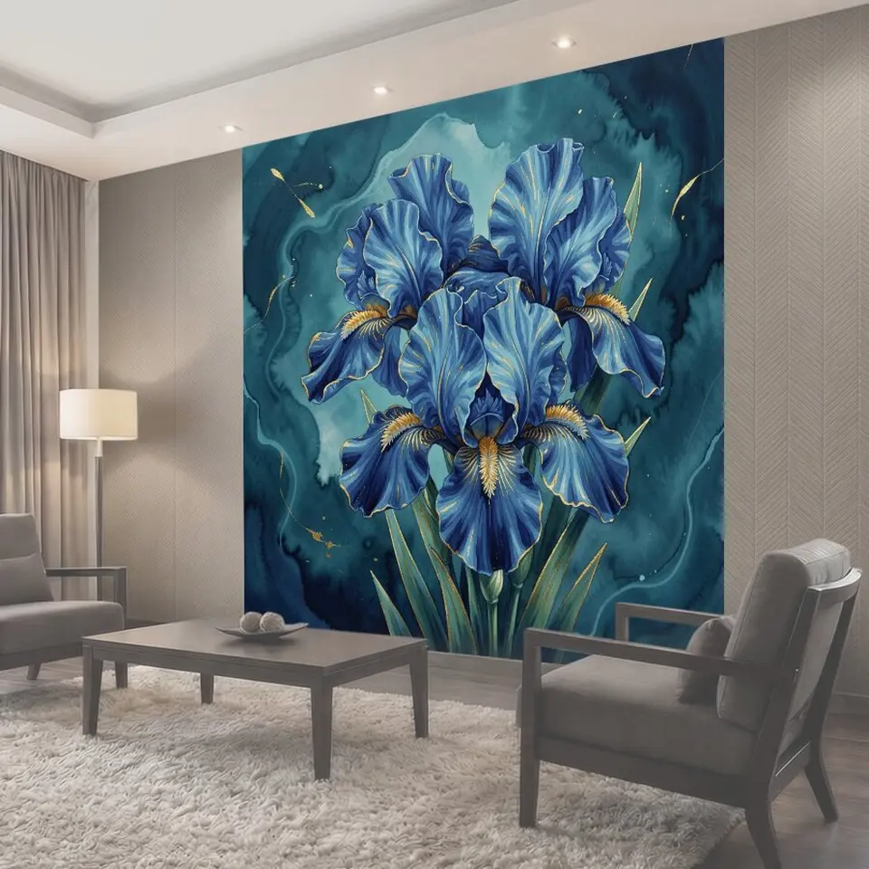 Фотообои Синие ирисы с золотыми искрами