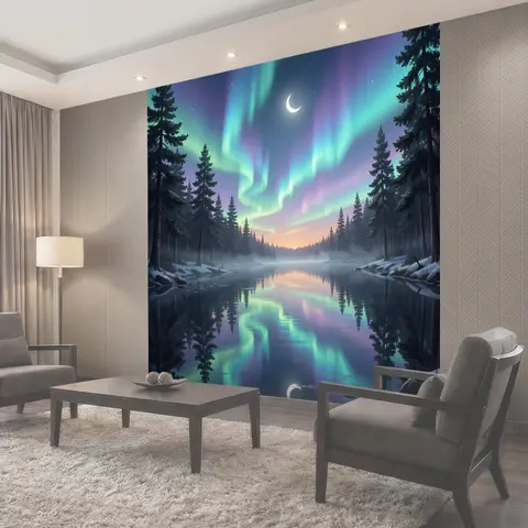 Фотообои Северное сияние над лесным озером