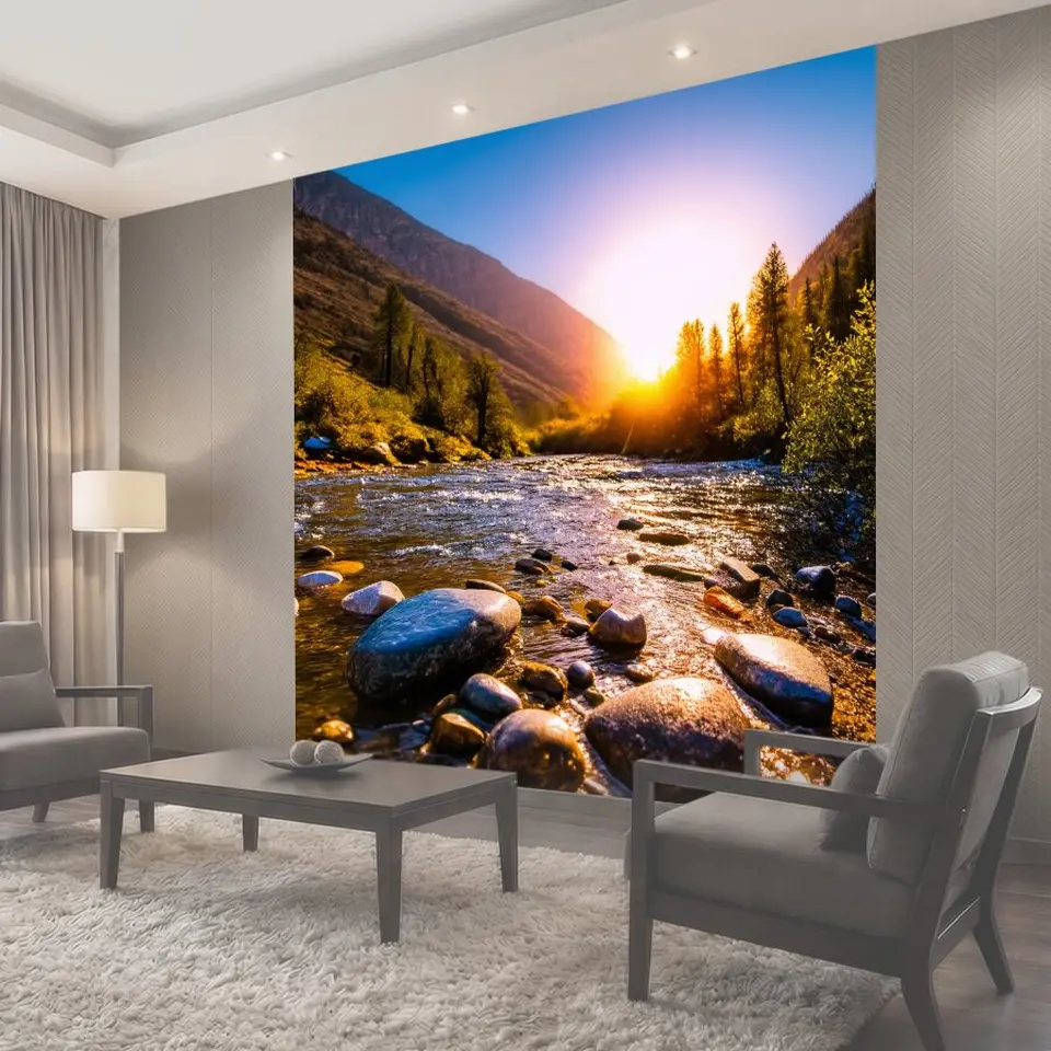 Фотообои Закат у горной реки, яркие камни сверкают на дне, великолепные кадры природы, завораживающая…