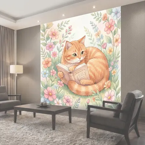 Фотообои Рыжий кот с книгой среди цветов