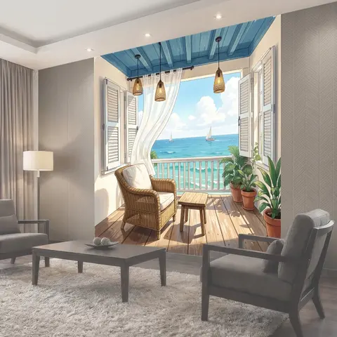 Фотообои Морская веранда с плетеным креслом