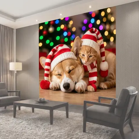 Фотообои Кот и щенок в новогодних шапках