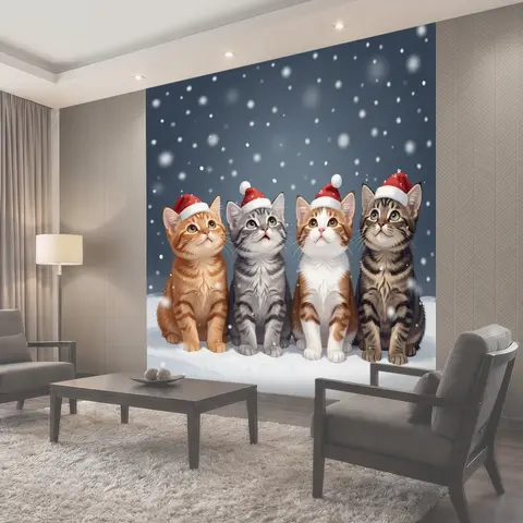 Фотообои Четыре котенка в новогодних шапках