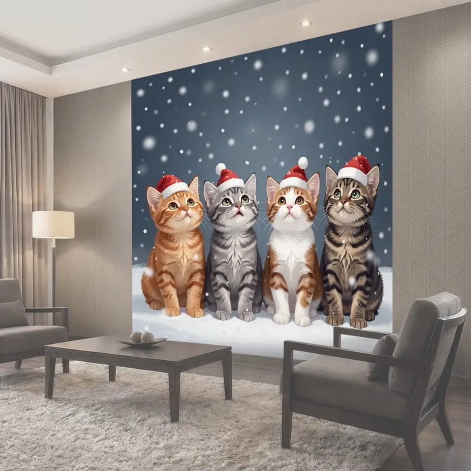 Фотообои Четыре котенка в новогодних шапках