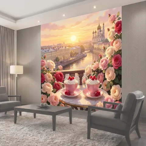 Фотообои Романтичный город у реки с розами