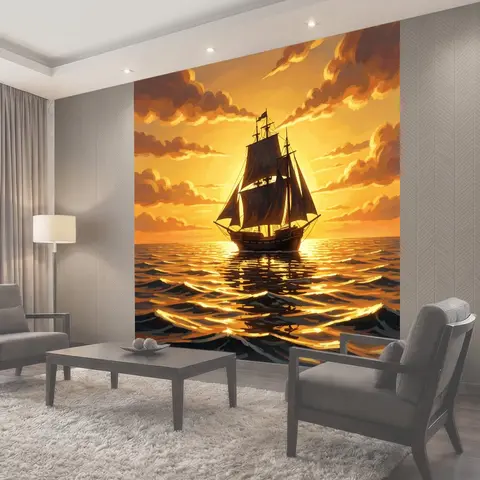 Фотообои Парусник в лучах закатного моря