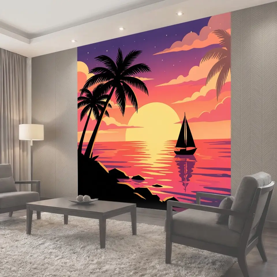 Фотообои Тропический закат с парусником