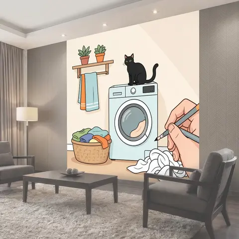 Фотообои Черный кот на стиральной машине