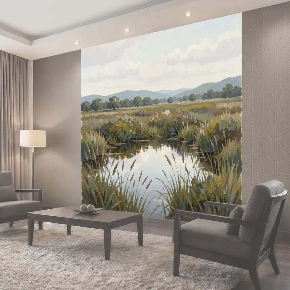 Фотообои Тихий ландшафт с прудом и лугом