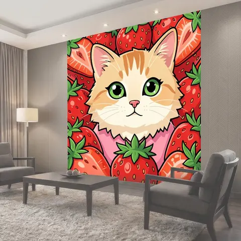 Фотообои Милый кот среди клубники