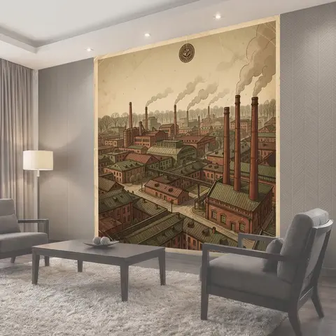Фотообои Промышленный город с дымящими трубами
