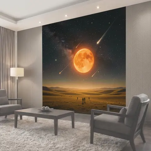 Фотообои Огненная луна и звёздный космос над пустыней